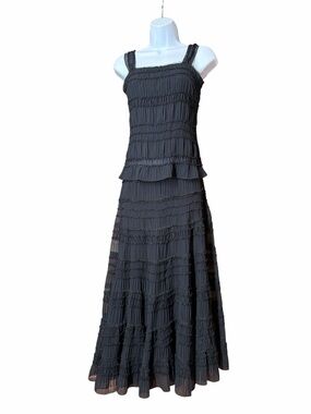 Studio M Black Smocked Tiered Maxi Dress Elegant Flowy Ruffle Sleeveless